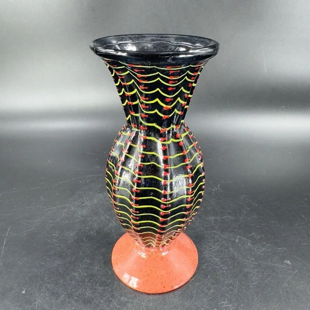Hand Blown Studio Art Glass Vase Halloween‎ Decor Artist Signed Red Black Spider